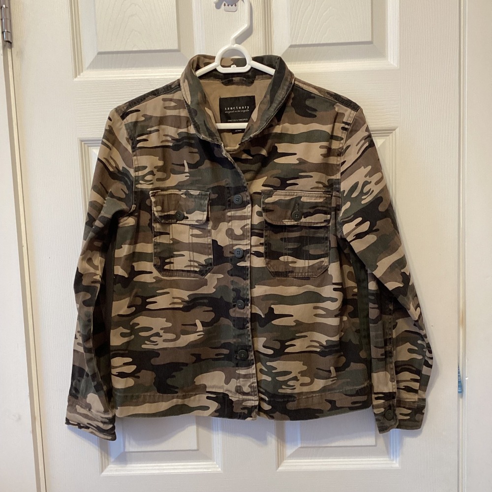 Sanctuary Camo Utility Jacket Womens Size S Green Brown Camouflage Button Front